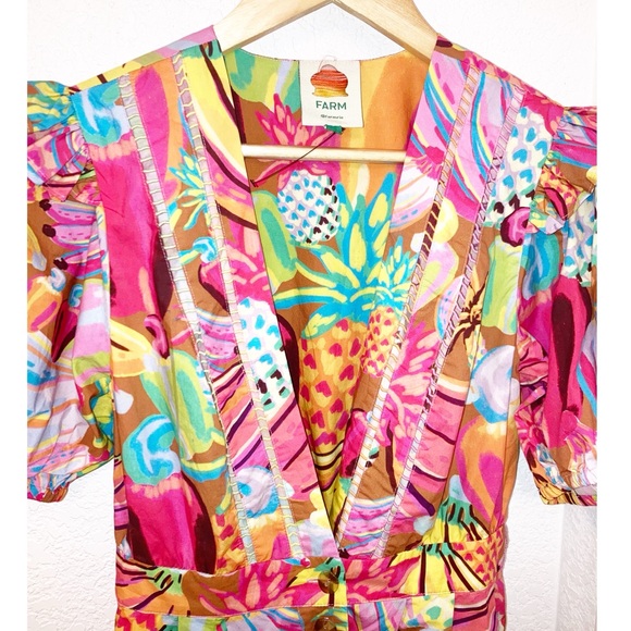 FARM RIO Fruit Salad Playsuit Romper Deep V Ombré Ladder lace Pockets SZ: Small - Picture 3 of 14